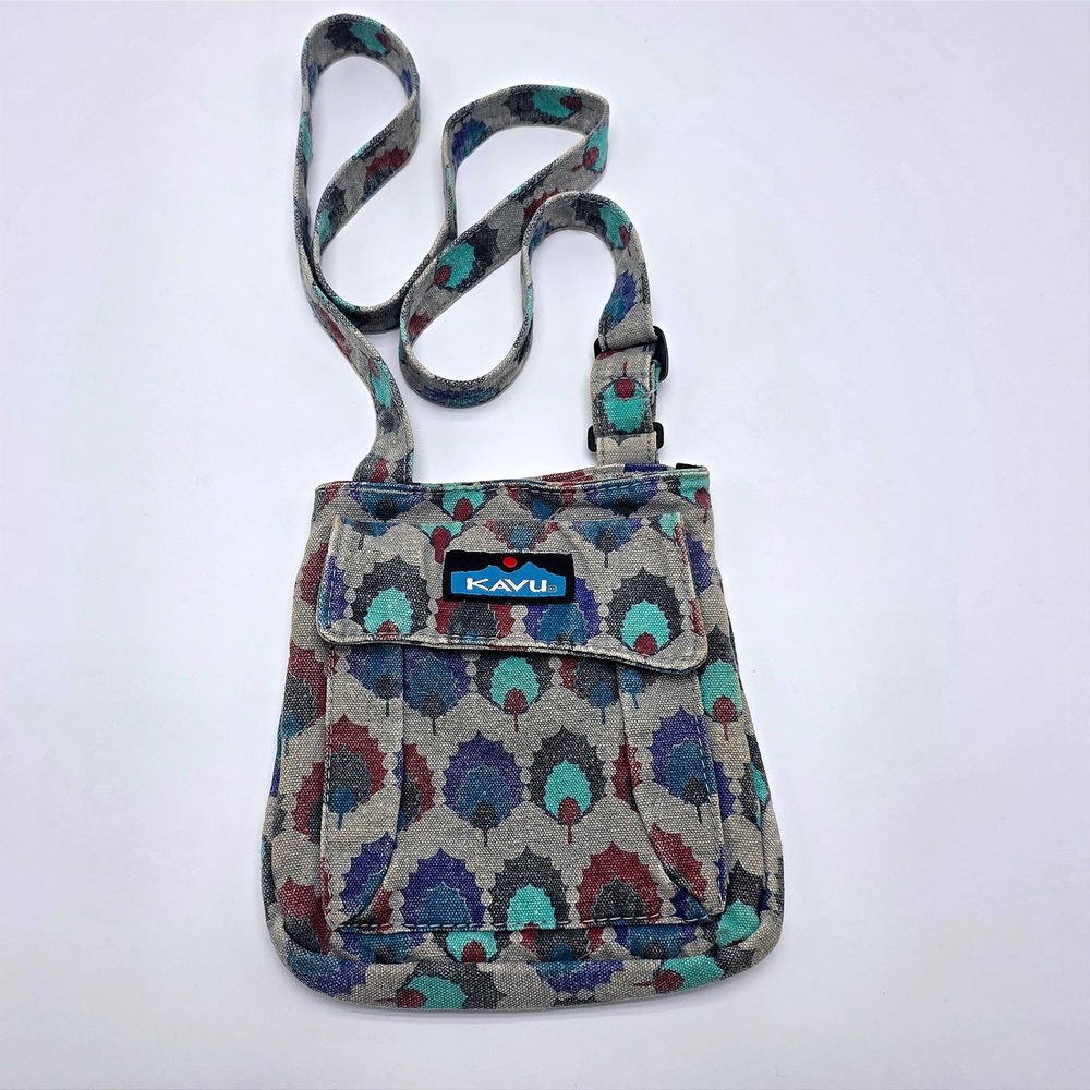 KAVU Keeper Crossbody Bag Gray Teal Canvas Travel‎ Purse Adjustable Strap
